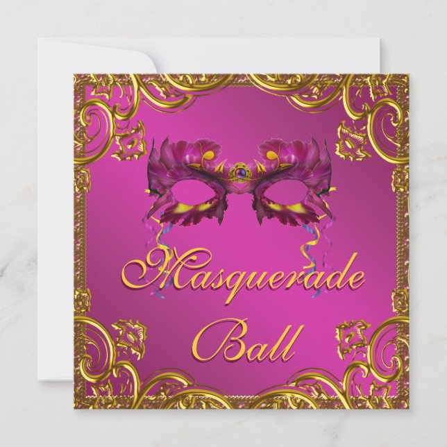 Invitation Gold Hot rose Masquerade bal (Devant)