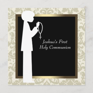 Invitation Gold Ivory Damask Rosary Boys Première communion