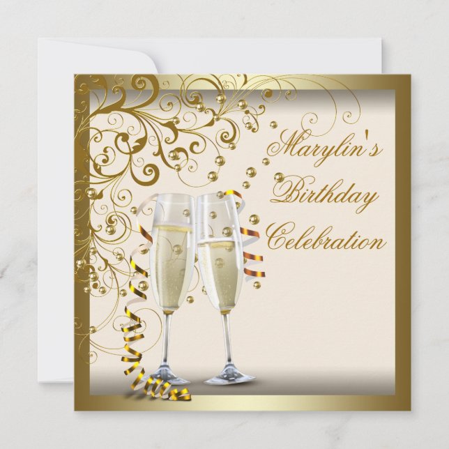 Invitation Gold Ivory Womans Elégante Crème Or Anniversaire (Devant)
