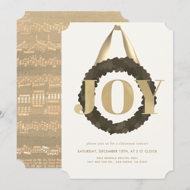 Invitation Gold JOY Green Wreath Christmas Concert Considéran (Devant / Derrière)