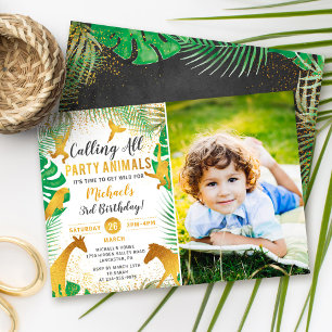 Invitation Gold Jungle Animaux Safari Garçons Photo Anniversa