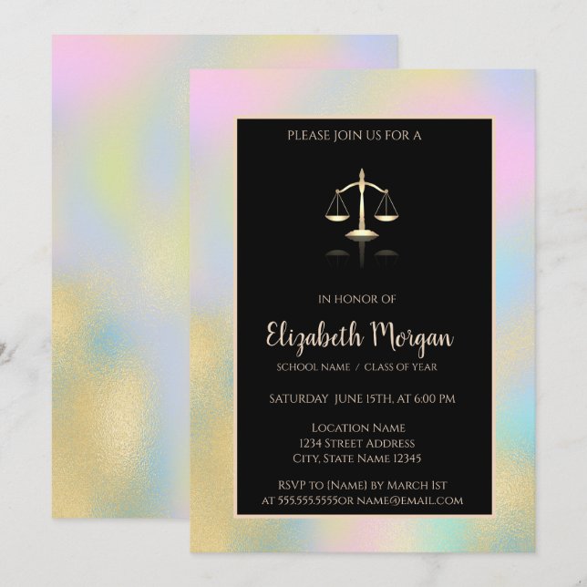 Invitation Gold Justice Scale Holographic Graduation Party (Devant / Derrière)