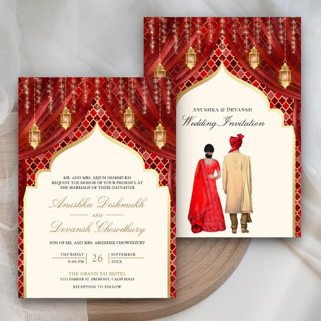 Invitation Gold Lanterns Red Indian Couple Wedding (Créateur téléchargé)