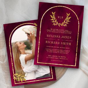 Invitation Gold Laurel Wreath Feuilles Fuchsia Magenta Mariag