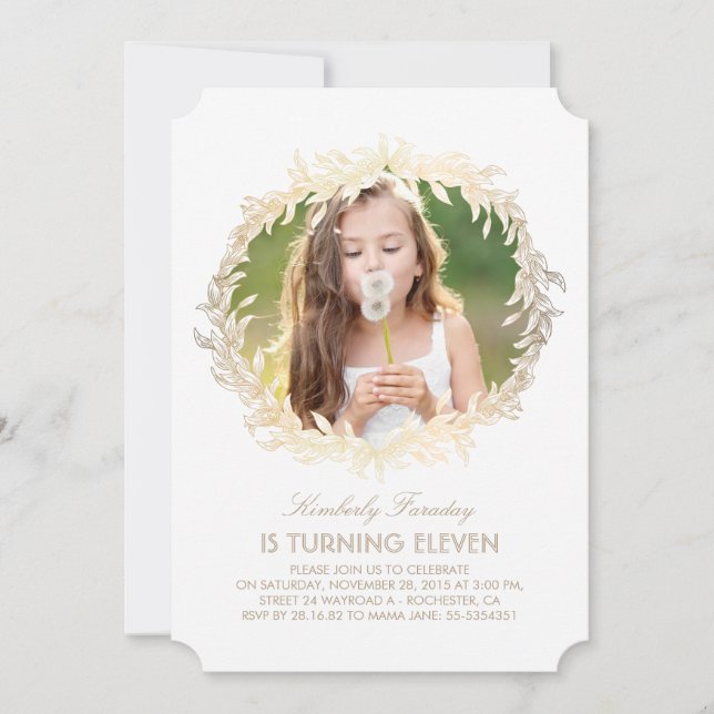 Invitation Gold Laurel Wreath White Elégante photo Anniversai (Devant)