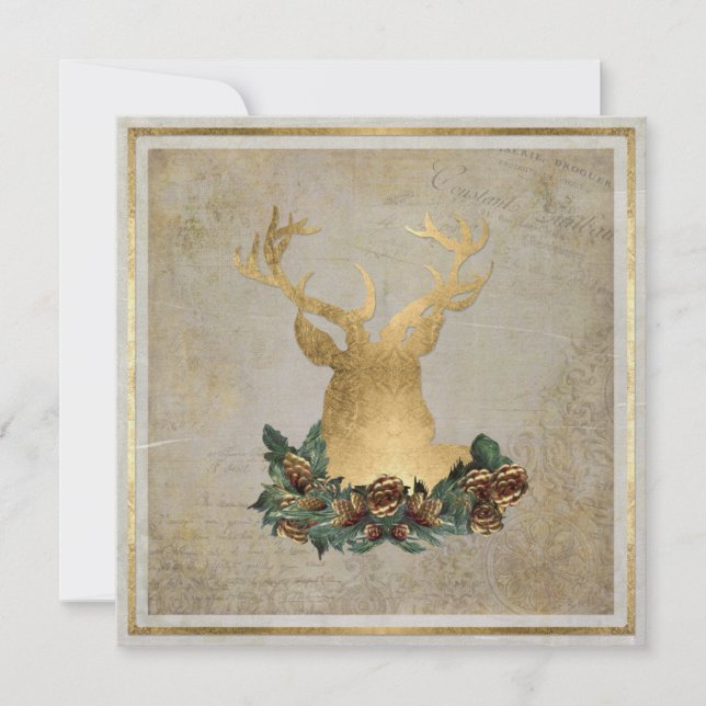 Invitation Gold Leaf Look Devoir Head Antlers Christmas Party (Devant)