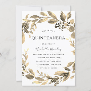 Invitation Gold Leaf Wreath Modern Quinceanera Party