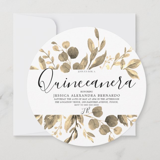 Invitation Gold Leaf Wreath Quinceanera 15e fête d'anniversai (Devant)