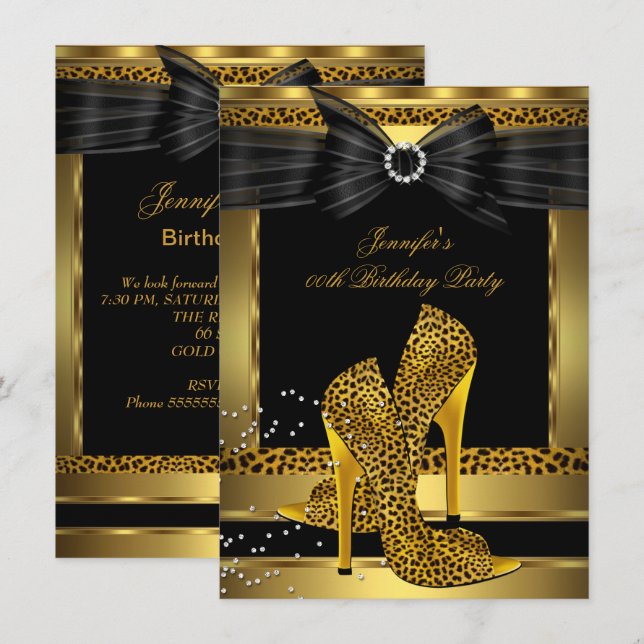 Invitation Gold Leopard High Heel Chaussure Noir Anniversaire (Devant / Derrière)