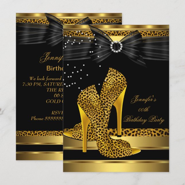 Invitation Gold Leopard talon haut Noir Bow fête d'anniversai (Devant / Derrière)