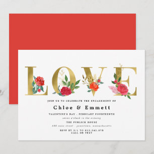 Invitation Gold Letters with Red Flowers Engagement Party