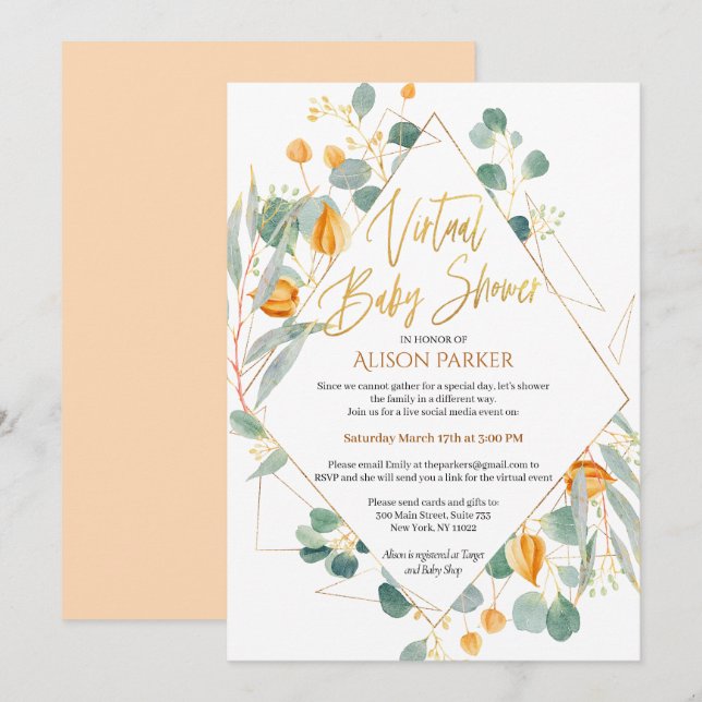 Invitation Gold Lily Eucalyptus Nature | Baby shower virtuel (Devant / Derrière)