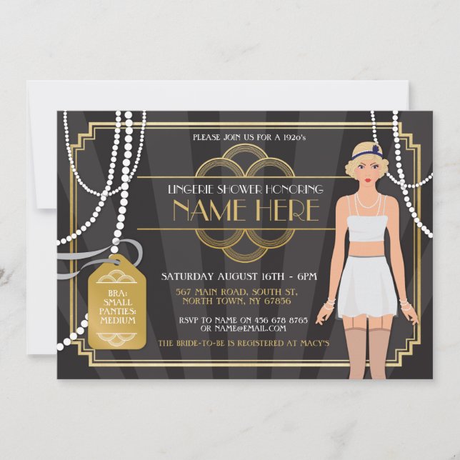 Invitation Gold Lingerie Fête des mariées 1920s Pearl Invitat (Devant)