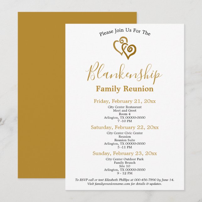 Invitation Gold Linked Hearts Famille Modèle de réunion (Devant / Derrière)