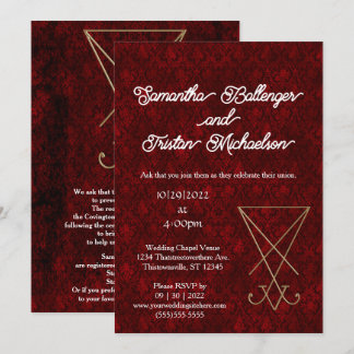 Invitation Gold Lucifer Sigil sur Red Damask Mariage sataniqu