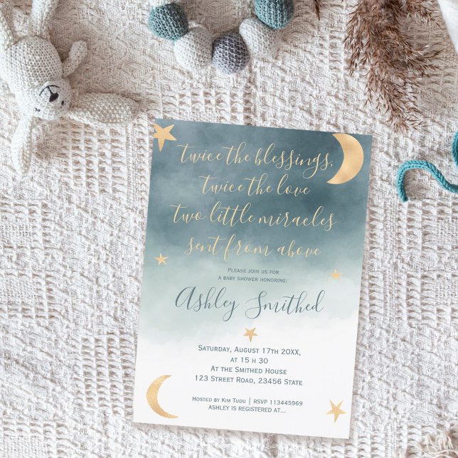 Invitation Gold lune étoiles bleu aquarelle jumeaux baby show (Créateur téléchargé)
