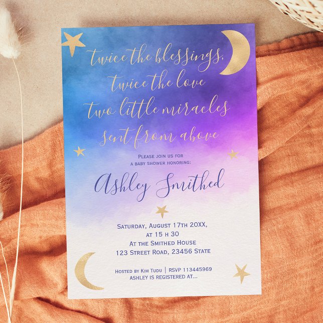 Invitation Gold lune étoiles rose aquarelle jumeaux baby show (Créateur téléchargé)