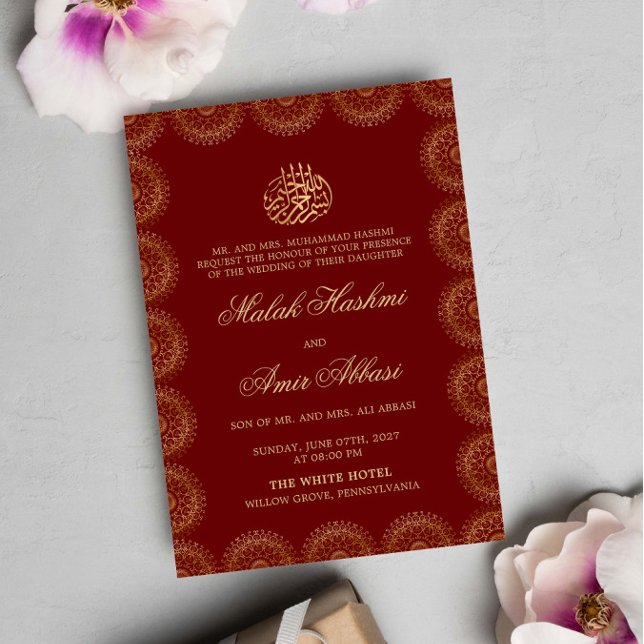 Invitation Gold Mandala Frame Rouge musulman musulman mariage (Créateur téléchargé)