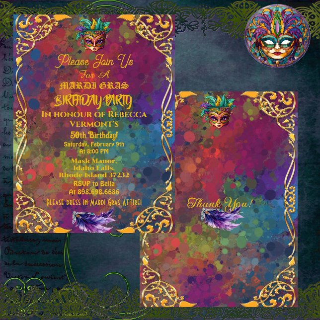 Invitation Gold Mardi Gras Masquerade 50e anniversaire (Gold Mardi Gras Masquerade 50th Birthday Party Invitation)