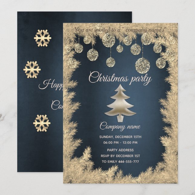 Invitation Gold marine bleu entreprise fête de Noël (Devant / Derrière)
