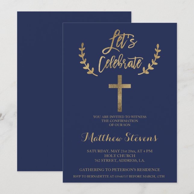 Invitation Gold marine bleu typographie confirmation chic (Devant / Derrière)
