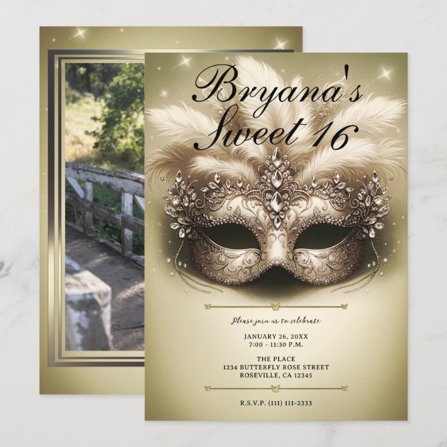 Invitation Gold Masquerade Sweet 16 Photo Anniversaire (Devant / Derrière)