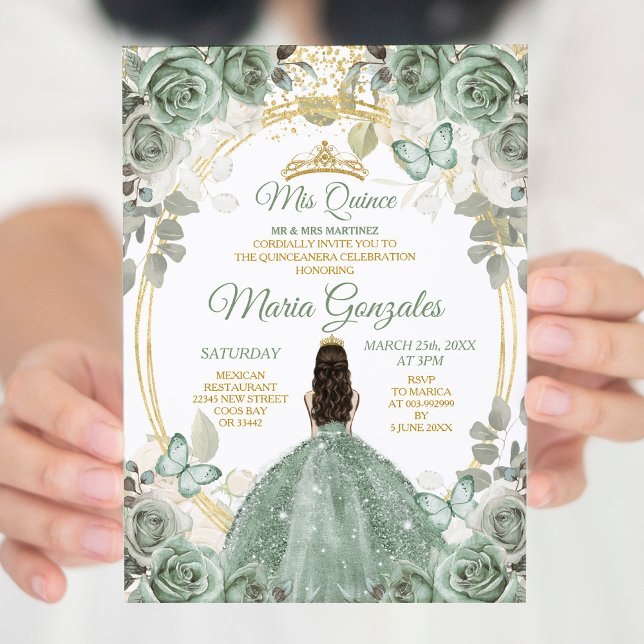 Invitation Gold Mis Quince Dusty Green Floral Quinceañera (Créateur téléchargé)