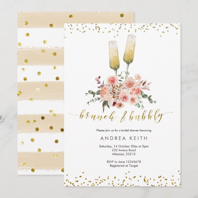 Invitation Gold Modern Brunch et Fête des mariées Bubbly (Devant / Derrière)