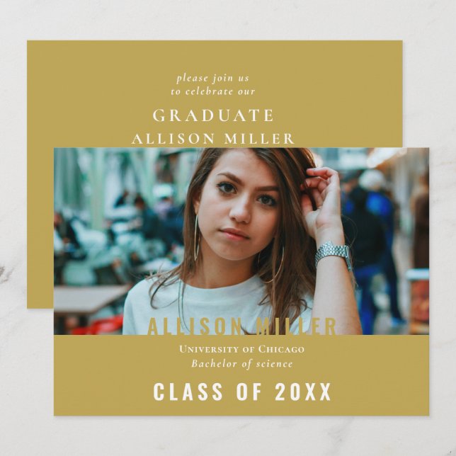 Invitation Gold Modern Typographie Photo Graduation Party (Devant / Derrière)