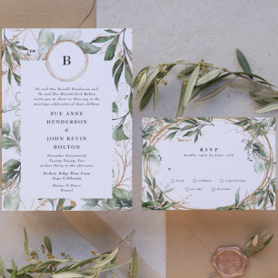 Invitation Gold Monogram Botanical Eucalyptus Circles Moss