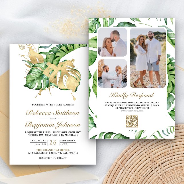 Invitation Gold Monstera Tropical Palm QR Code Mariage (Créateur téléchargé)