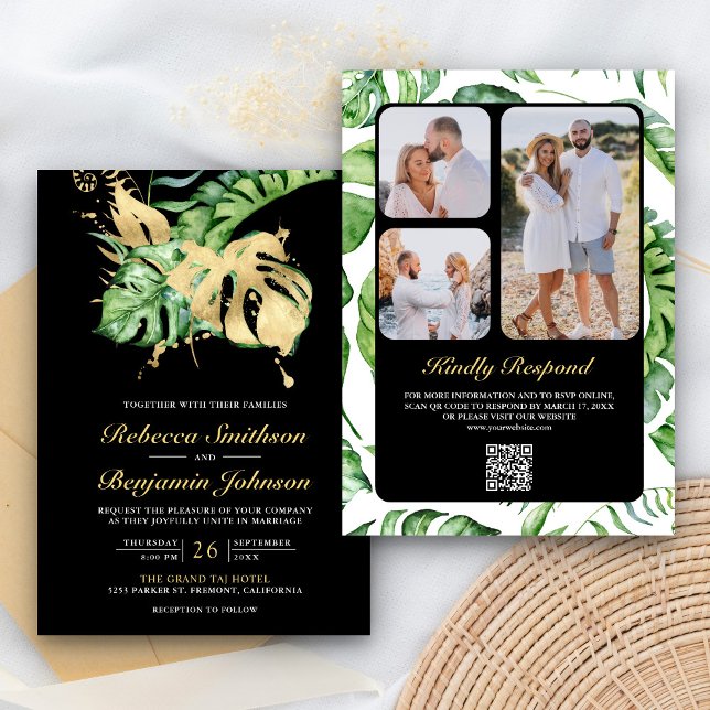 Invitation Gold Monstera Tropical Palm QR Code Mariage noir (Créateur téléchargé)