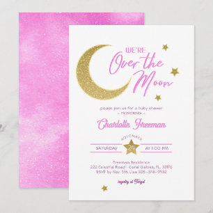 Invitation Gold Moon et Stars Baby Girl We're Over The Moon