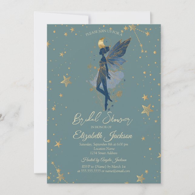 Invitation Gold Moon Girl Stars Green Bridal Shower (Devant)