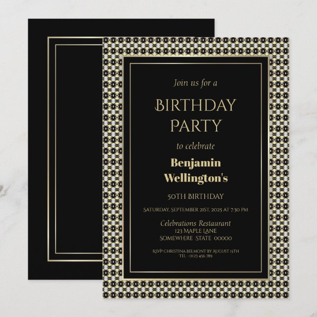 Invitation Gold Motif Frame Black 50th Birthday Party (Devant / Derrière)