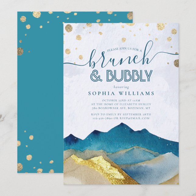 Invitation Gold Mounts Mariage Brunch Bubbly Fête des mariées (Devant / Derrière)