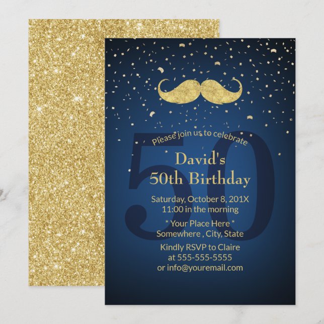 Invitation Gold Mustache Marine Blue 50e fête d'anniversaire (Devant / Derrière)