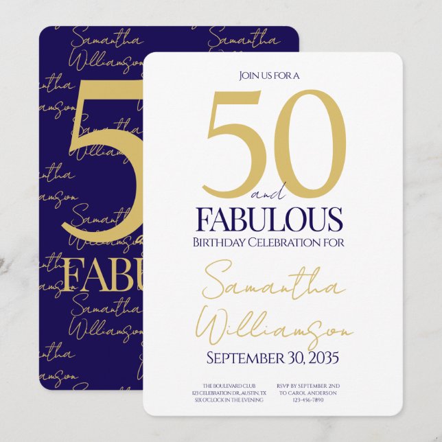 Invitation Gold Navy 50 and Fabulous | 50th Birthday Simple (Devant / Derrière)