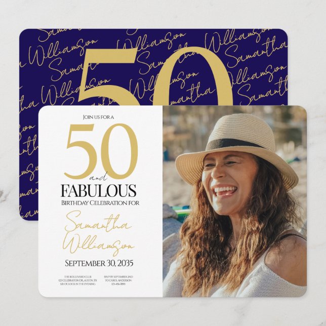 Invitation Gold & Navy | 50th Elegant Fabulous Birthday Party (Devant / Derrière)