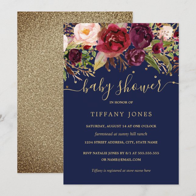 Invitation Gold Navy Baby shower d'aquarelle florale Bourgogn (Devant / Derrière)