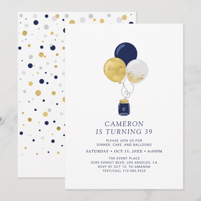 Invitation Gold & Navy Ballons Moderne Adulte fête d'annivers (Devant / Derrière)