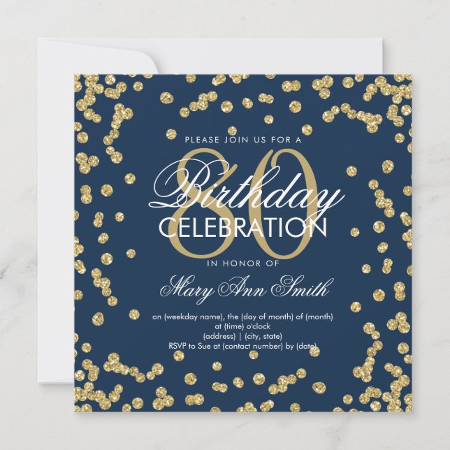 Invitation Gold Navy Blue 80e anniversaire Parties scintillan (Devant)
