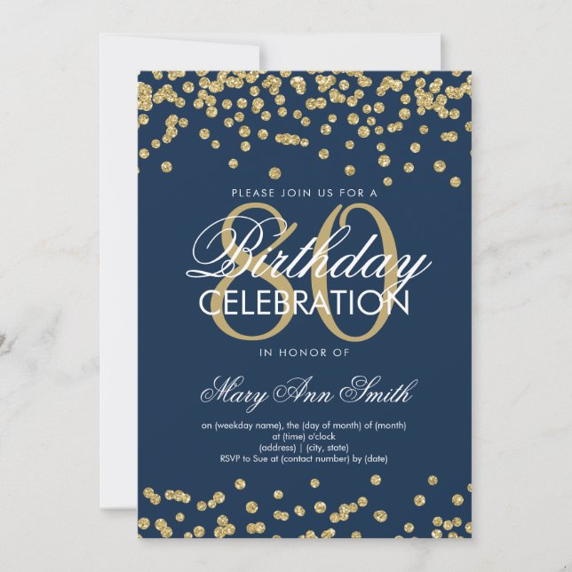 Invitation Gold Navy Blue 80e anniversaire Parties scintillan (Devant)