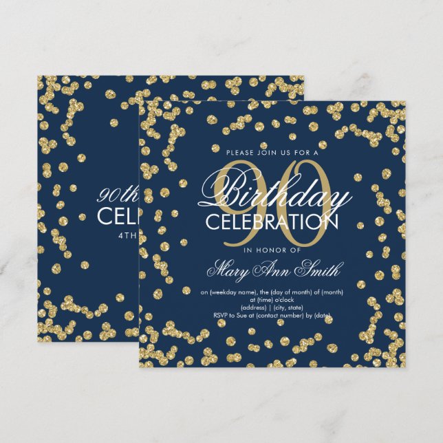 Invitation Gold Navy Blue 90th Birthday Parties scintillant C (Devant / Derrière)