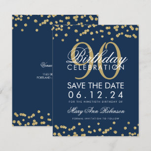 Invitation Gold Navy Blue 90th Birthday Save Date Confetti
