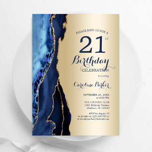 Invitation Gold Navy Blue Agate 21e anniversaire
