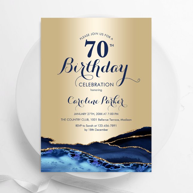 Invitation Gold Navy Blue Agate Marbre 70e anniversaire (Créateur téléchargé)