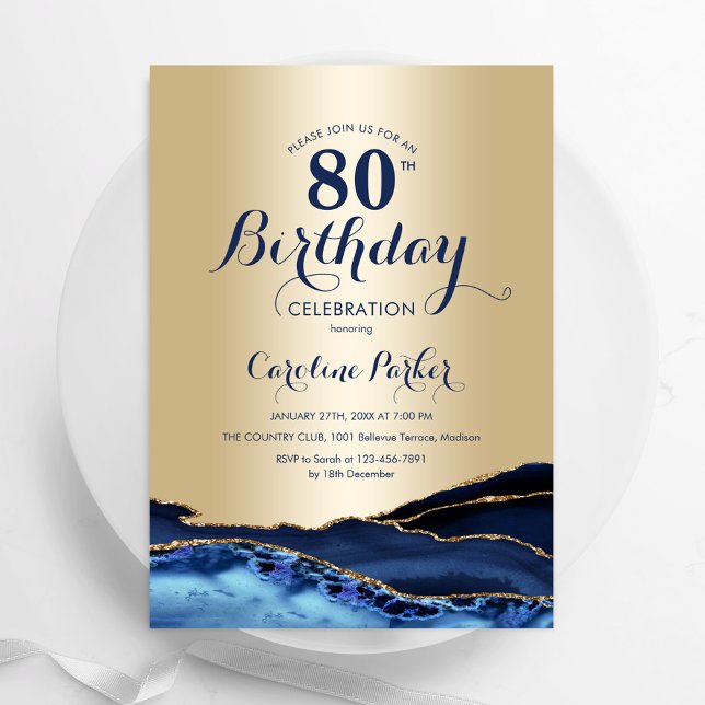 Invitation Gold Navy Blue Agate Marbre 80e anniversaire (Créateur téléchargé)