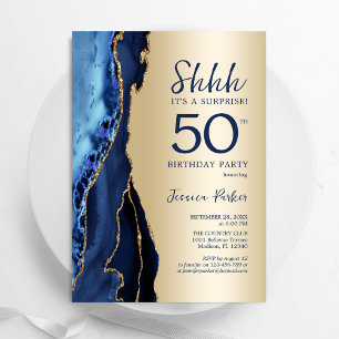 Invitation Gold Navy Blue Agate Surprise 50e anniversaire