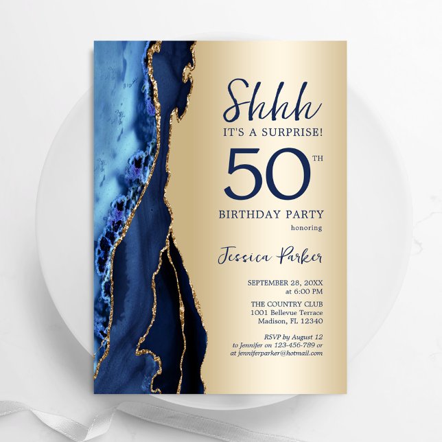 Invitation Gold Navy Blue Agate Surprise 50e anniversaire (Créateur téléchargé)